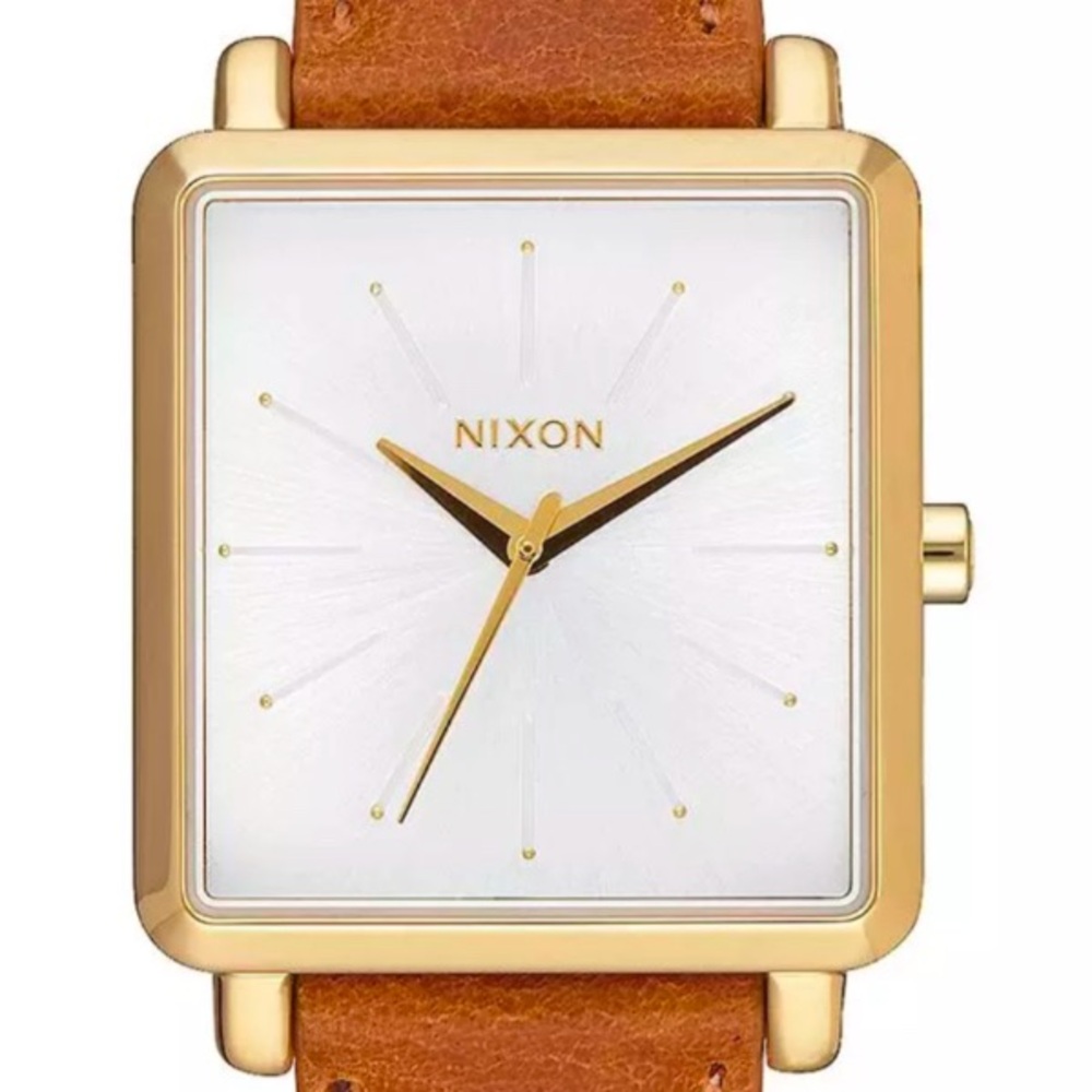 Nixon Gold Square Watch with Brown Leather Strap